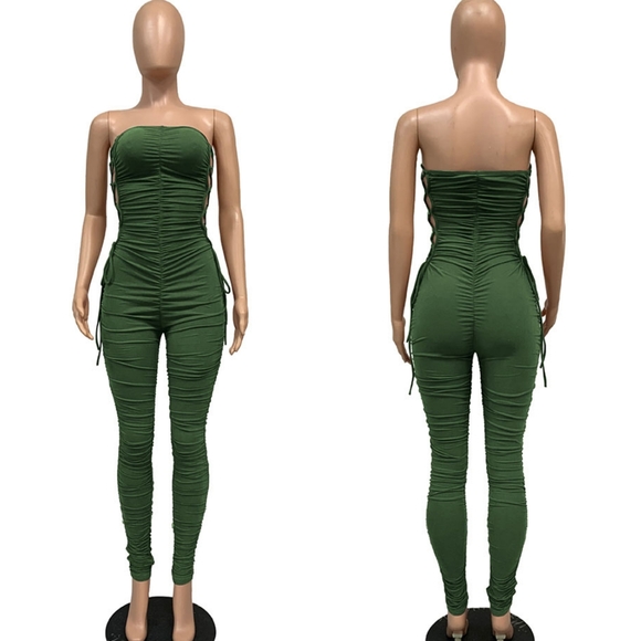 ❤️Strapless Side Lace-Up Pant Jumpsuit Bandage Bodycon Stacked Romper💎 - Picture 2 of 2